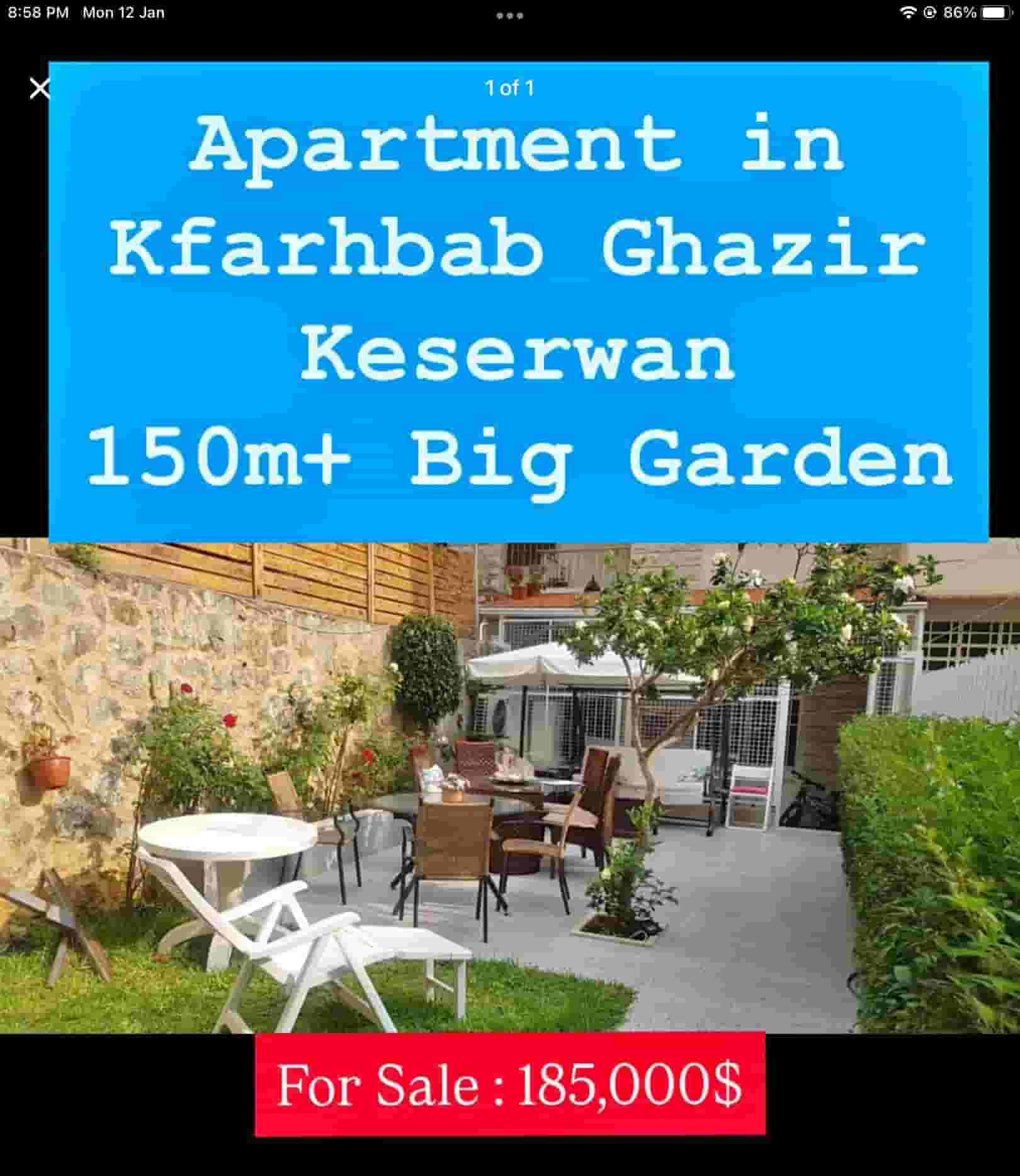 Apartment for sale in Kafr Habab Ghazir with a large garden