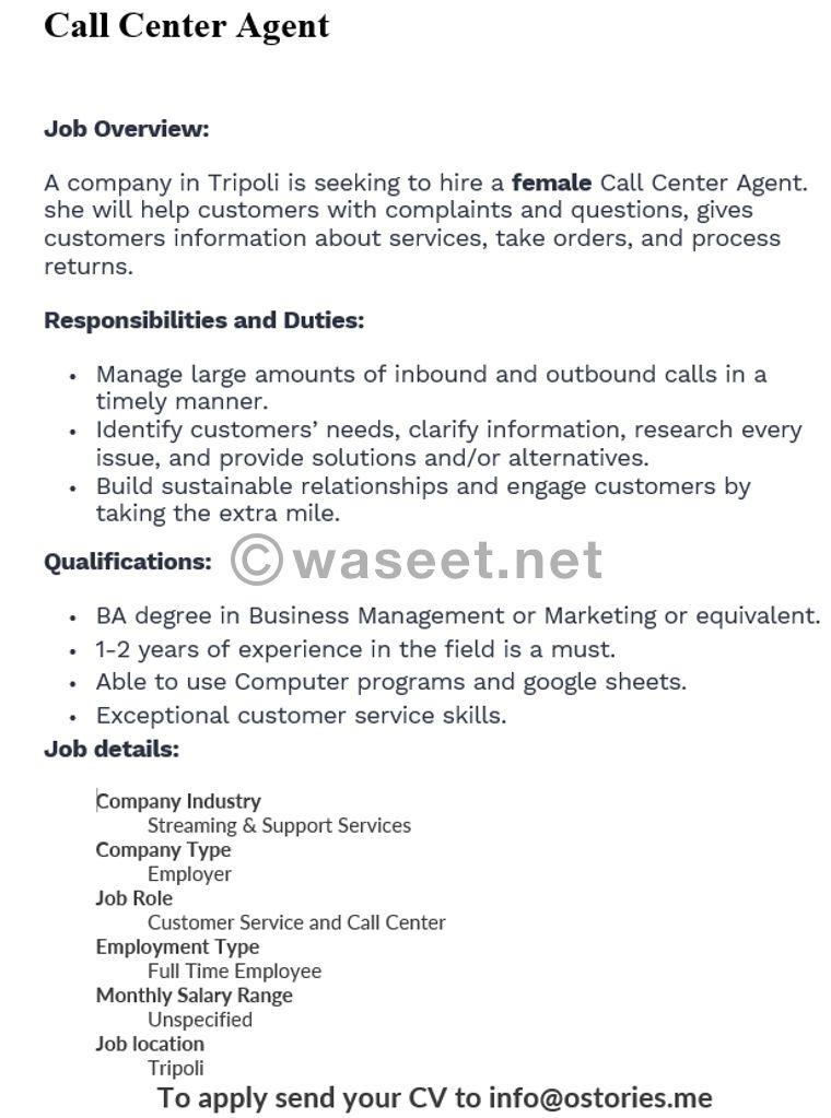 Call center female agent is required 1